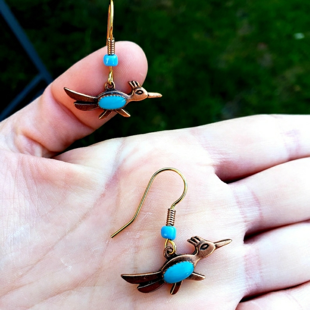 Handmade Navajo Roadrunner Copper Bell Trading Post Turquoise Old Pawn Earrings